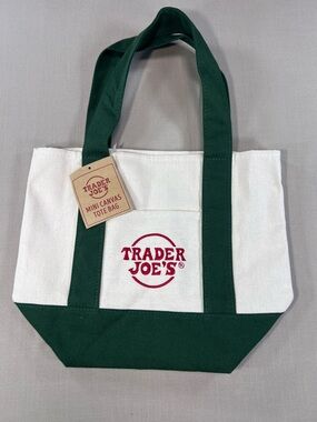 Trader Joe’s Mini Canvas Tote Bag NWT White Green Embroidered Logo Reusable